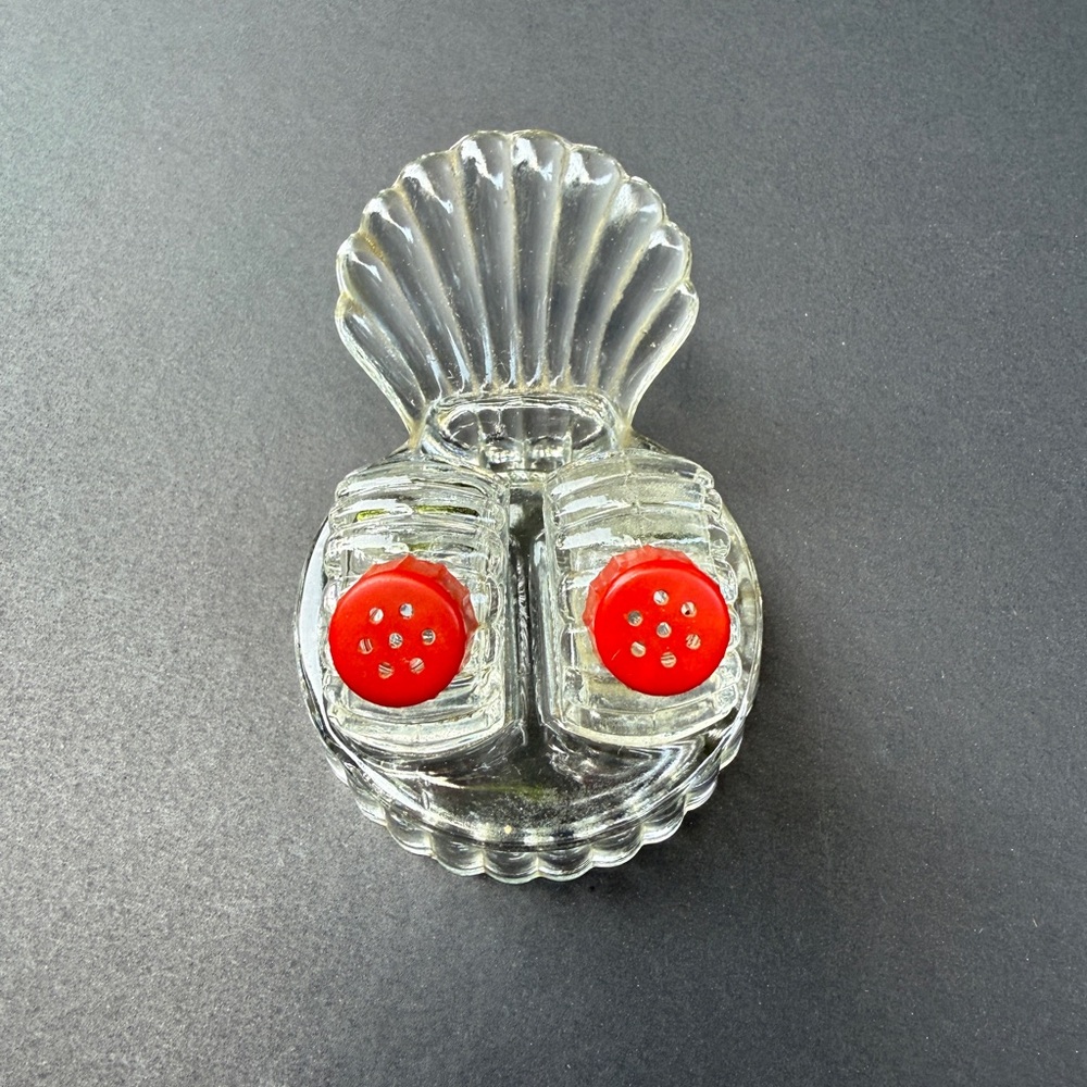 Vintage 1940’s Glass Shell Salt and Pepper Shaker Set with Red Bakelite Tops